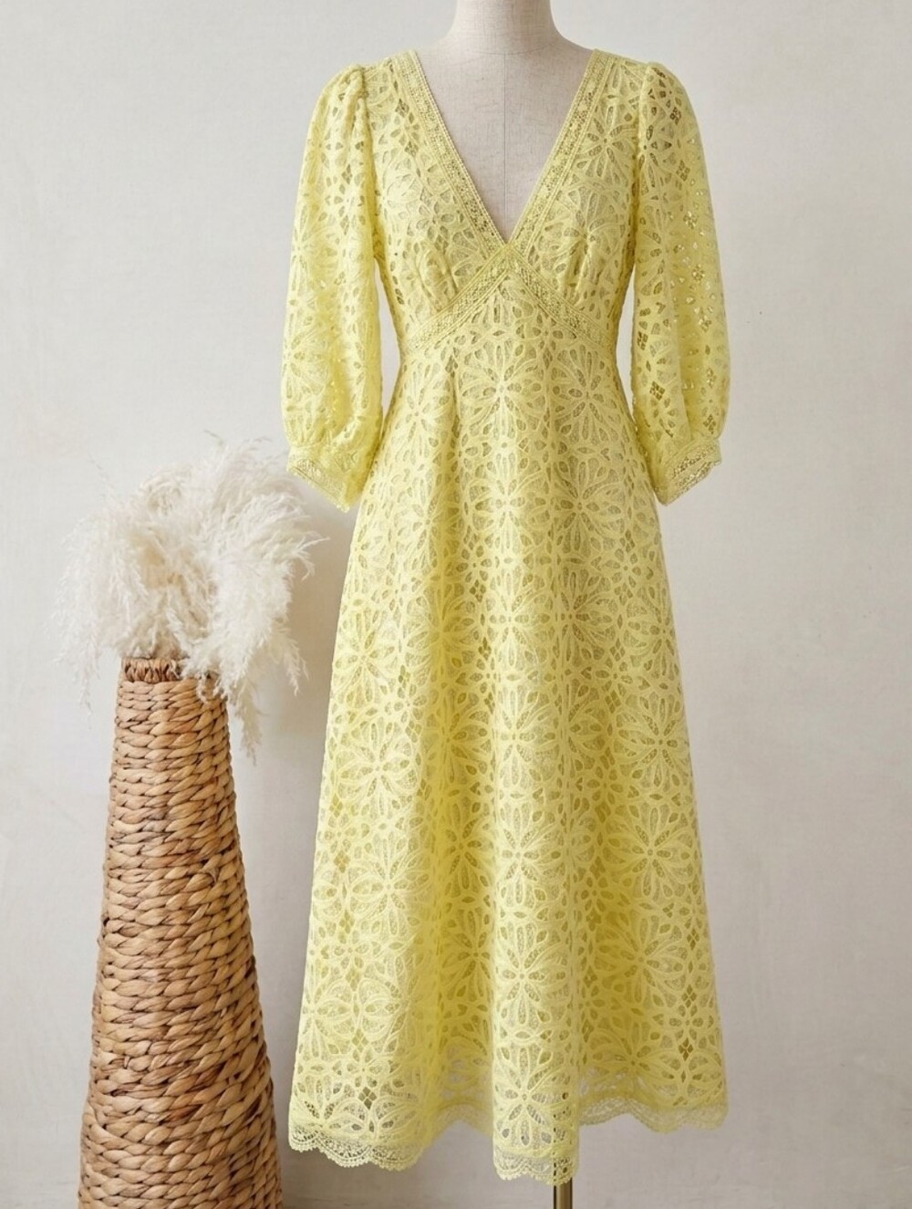 Anthropologie Citrusy Yellow Plunging V-Neck Lace Midi Dress